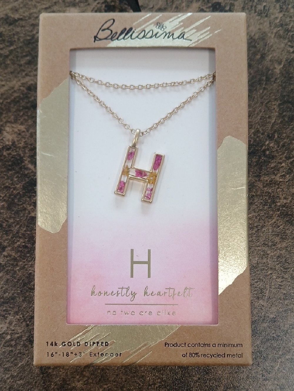 Bellissima Gold-Plated 'H' Initial Necklace with Pink Stones